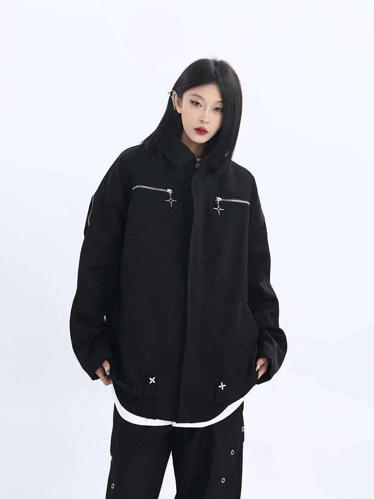 Double Star Pocket Zip Oversized Bomber Jacket