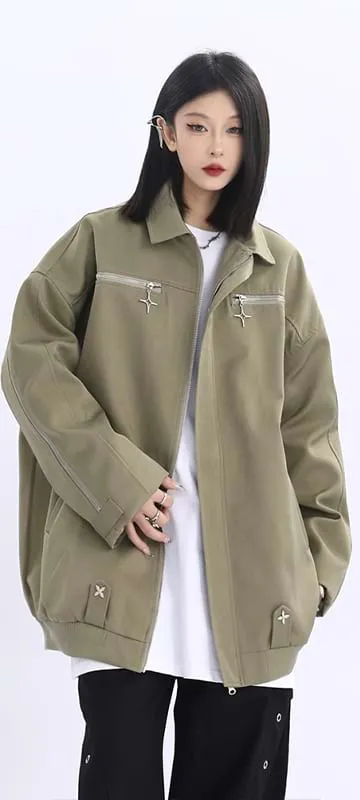 Double Star Pocket Zip Oversized Bomber Jacket