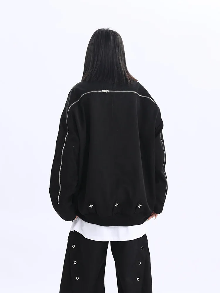 Double Star Pocket Zip Oversized Bomber Jacket