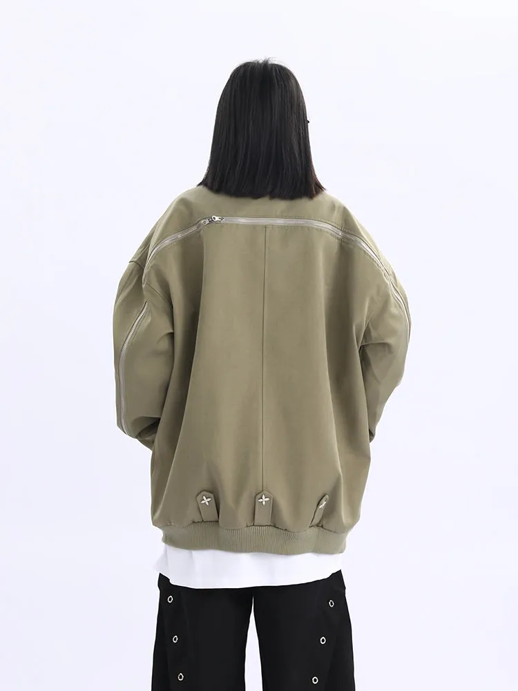 Double Star Pocket Zip Oversized Bomber Jacket