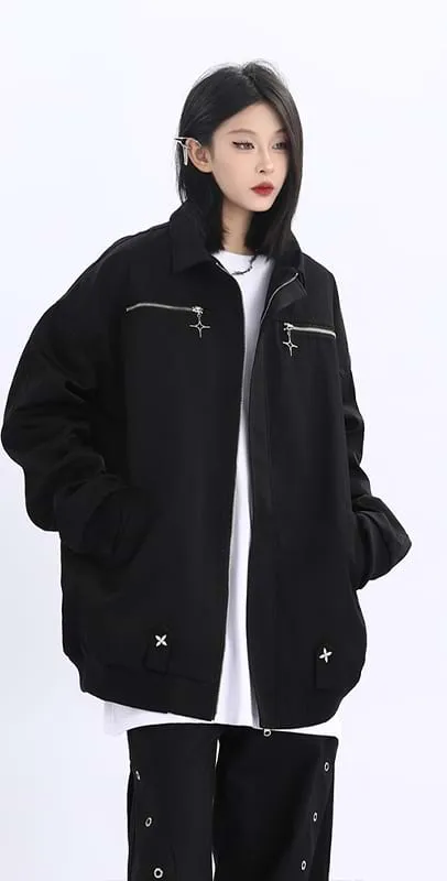 Double Star Pocket Zip Oversized Bomber Jacket