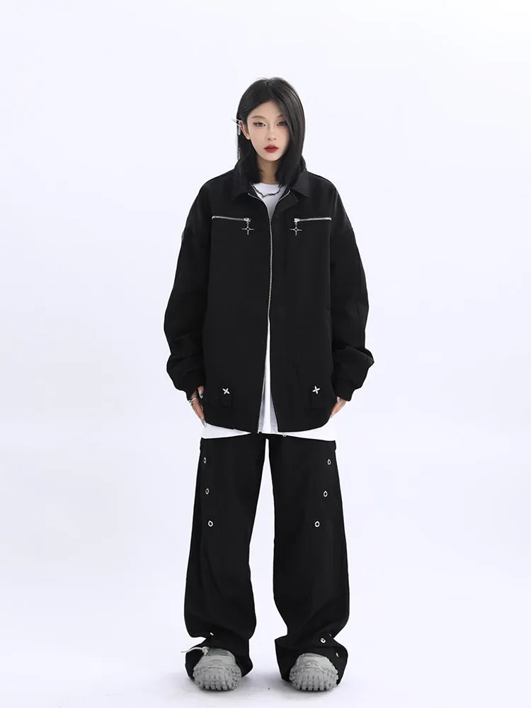 Double Star Pocket Zip Oversized Bomber Jacket