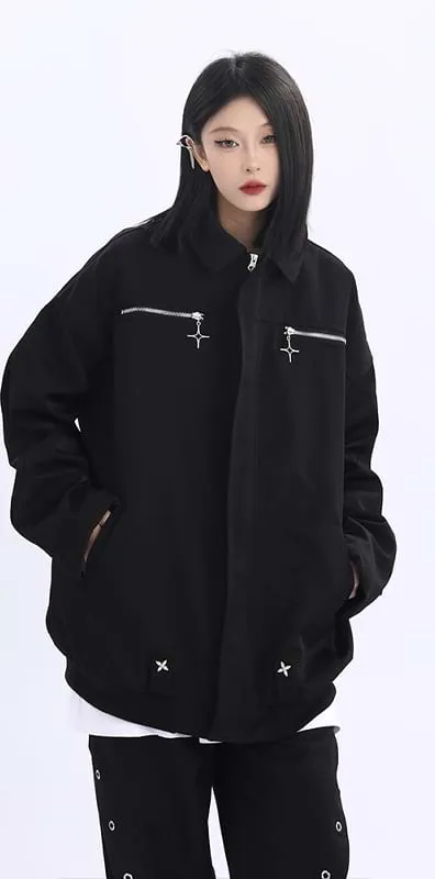 Double Star Pocket Zip Oversized Bomber Jacket