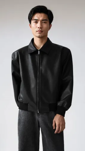 Faux Leather Zip-Through Collared Cuffed Jacket