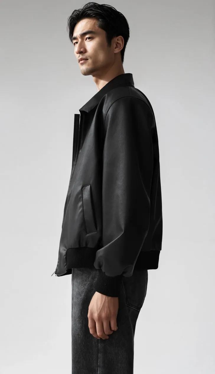 Faux Leather Zip-Through Collared Cuffed Jacket