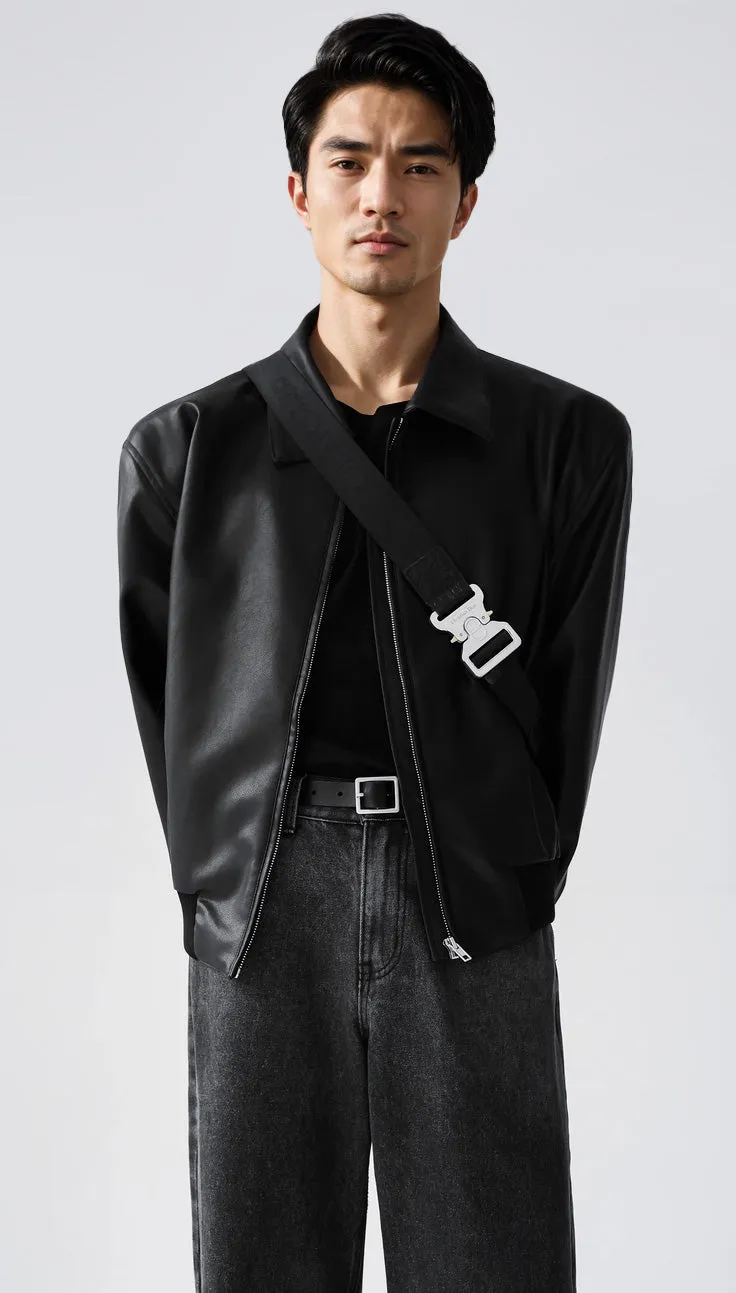 Faux Leather Zip-Through Collared Cuffed Jacket