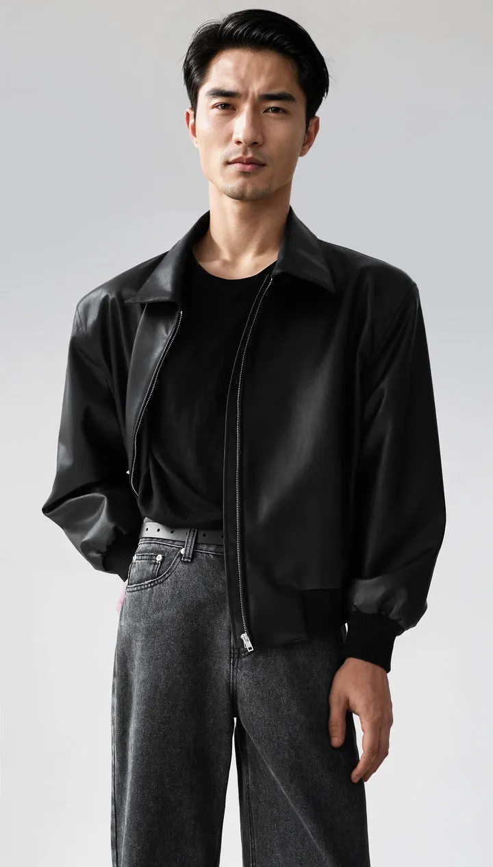 Faux Leather Zip-Through Collared Cuffed Jacket