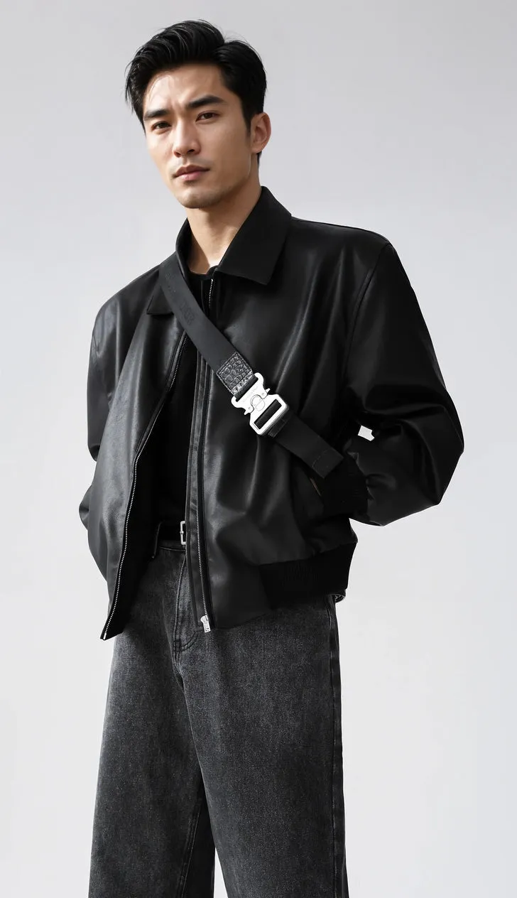 Faux Leather Zip-Through Collared Cuffed Jacket