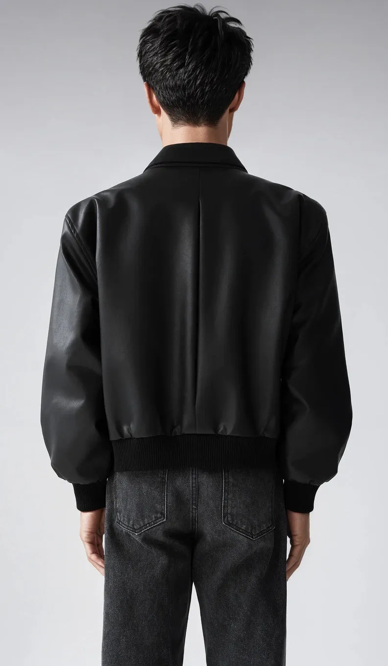 Faux Leather Zip-Through Collared Cuffed Jacket