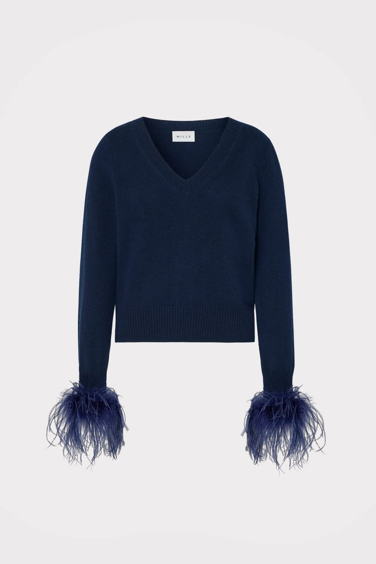 Feather Cuff V-Neck Sweater