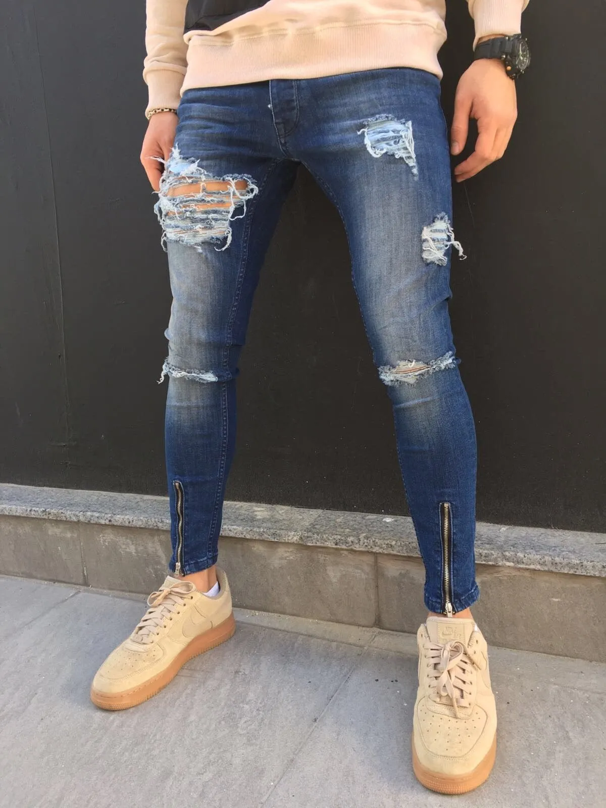 Front Ankle Zip Destroyed Slim Fit Jeans SJ271 Streetwear Jeans