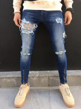 Front Ankle Zip Destroyed Slim Fit Jeans SJ271 Streetwear Jeans