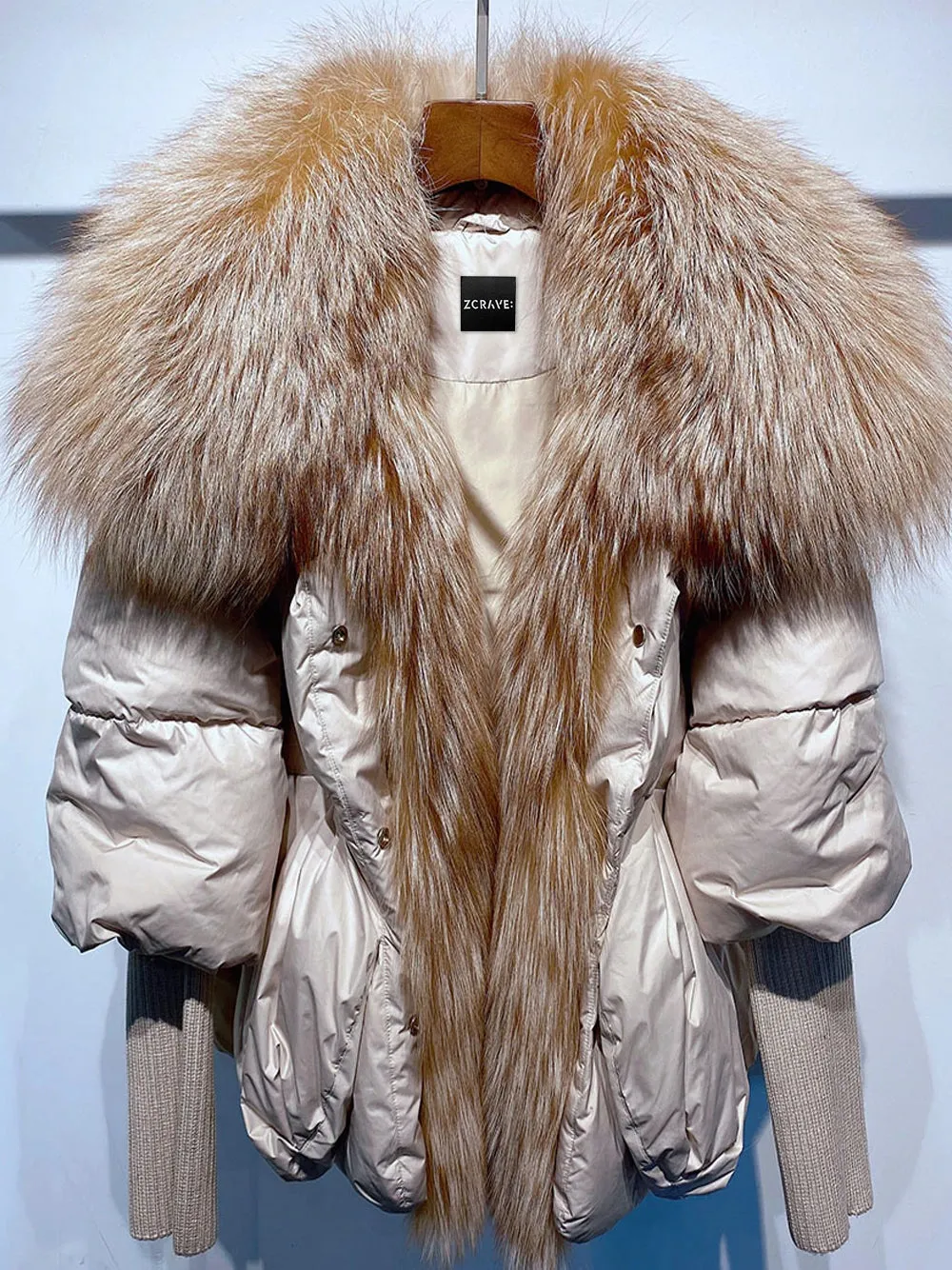 Fur Trim Puffer Jacket in Beige