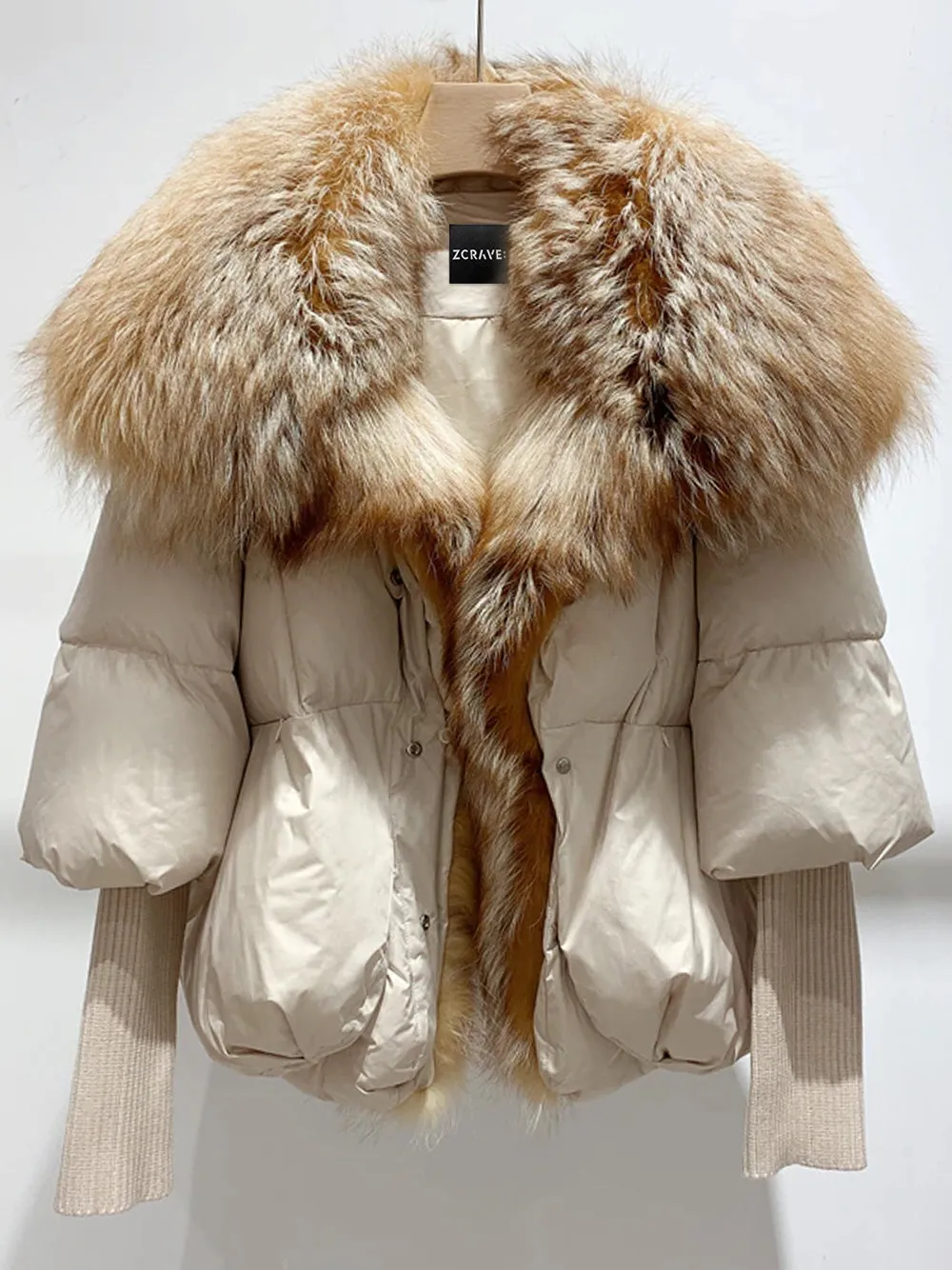 Fur Trim Puffer Jacket in Beige