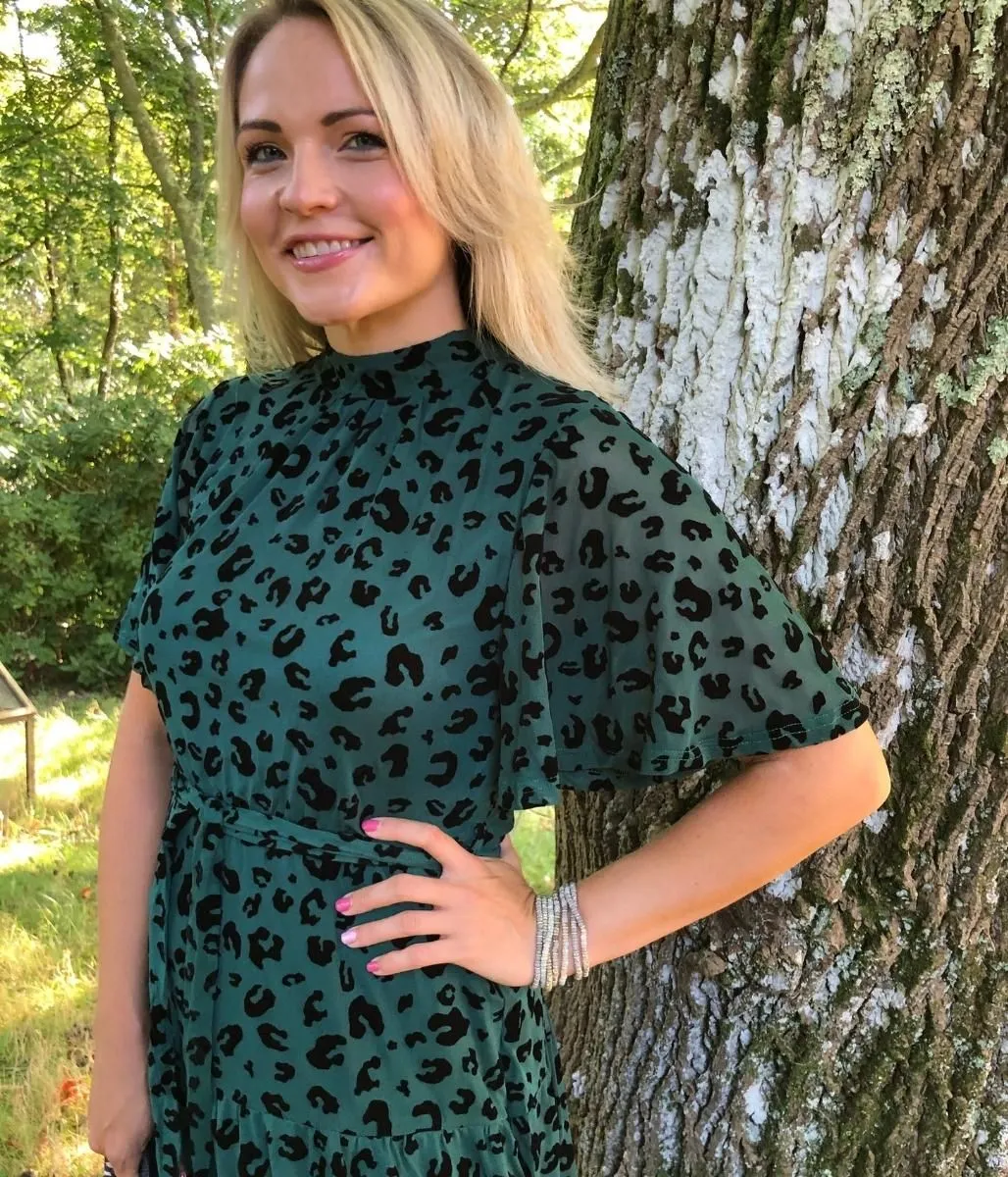 Green Angel Sleeve Velvet Print Dress