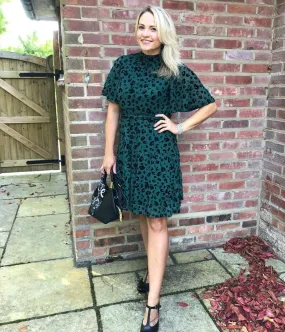 Green Angel Sleeve Velvet Print Dress