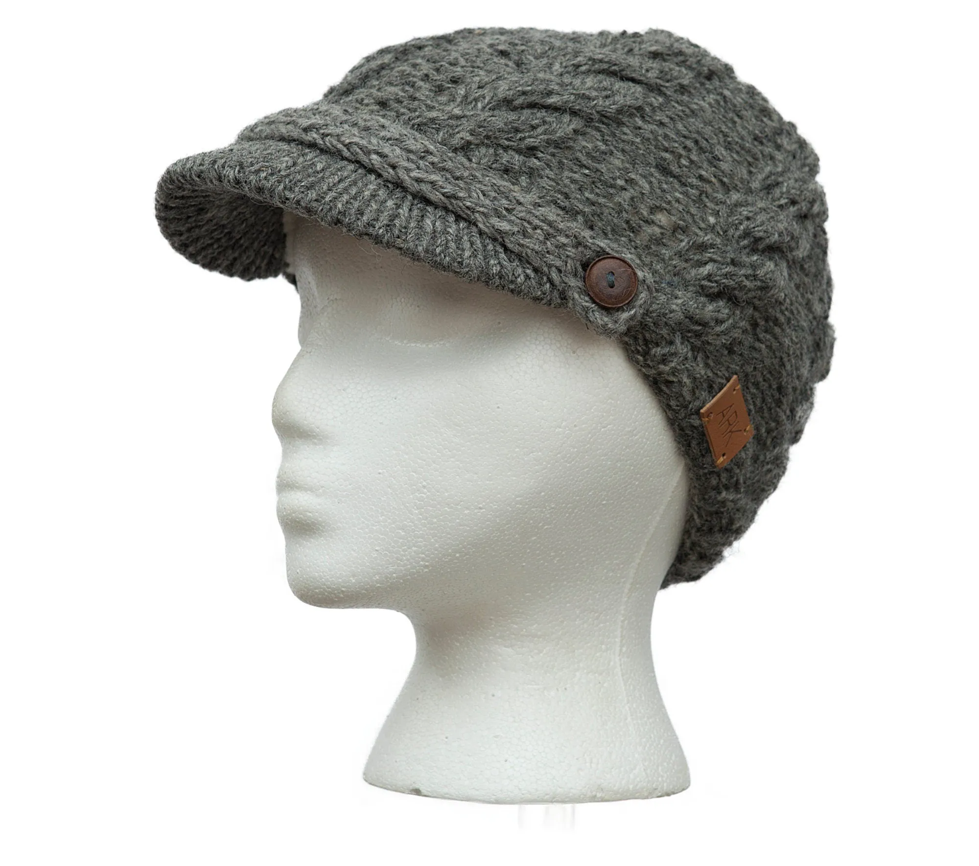 Grey Newsboy Hat, Wool Knit Hat with Visor, Fleece Lined, Wood Button accent