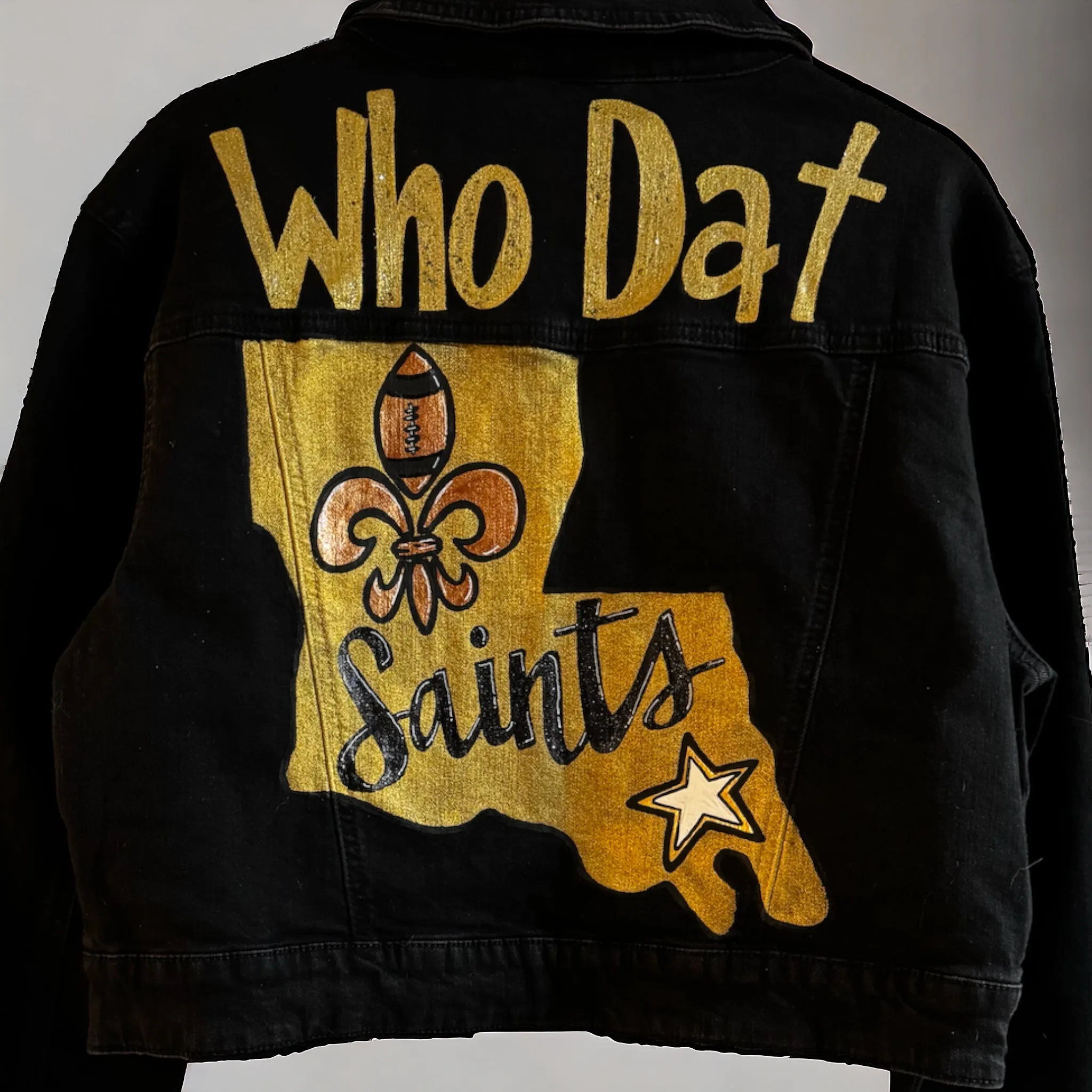 Hand Painted Jean Jacket: “Who Dat”, New Orleans Jacket, Hand Painted, NOLA Saints, Louisiana