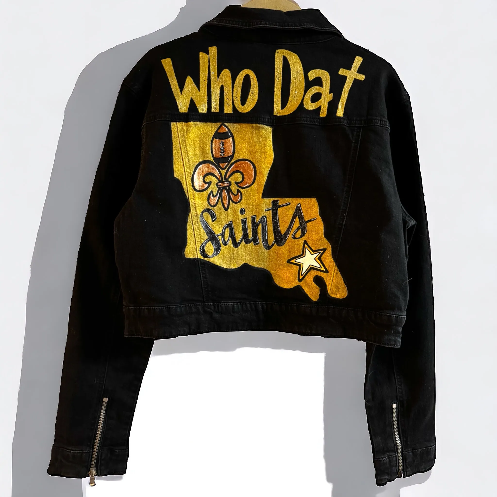 Hand Painted Jean Jacket: “Who Dat”, New Orleans Jacket, Hand Painted, NOLA Saints, Louisiana