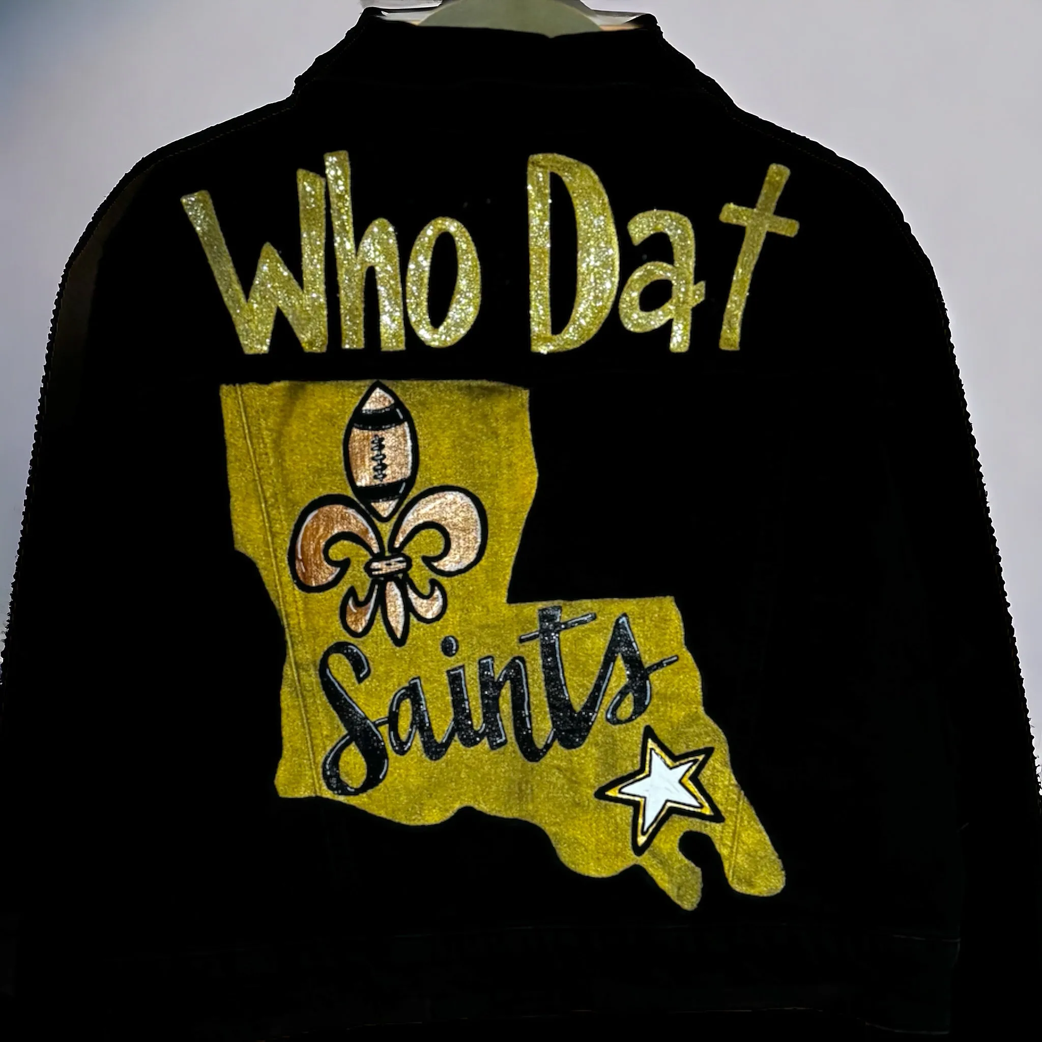 Hand Painted Jean Jacket: “Who Dat”, New Orleans Jacket, Hand Painted, NOLA Saints, Louisiana