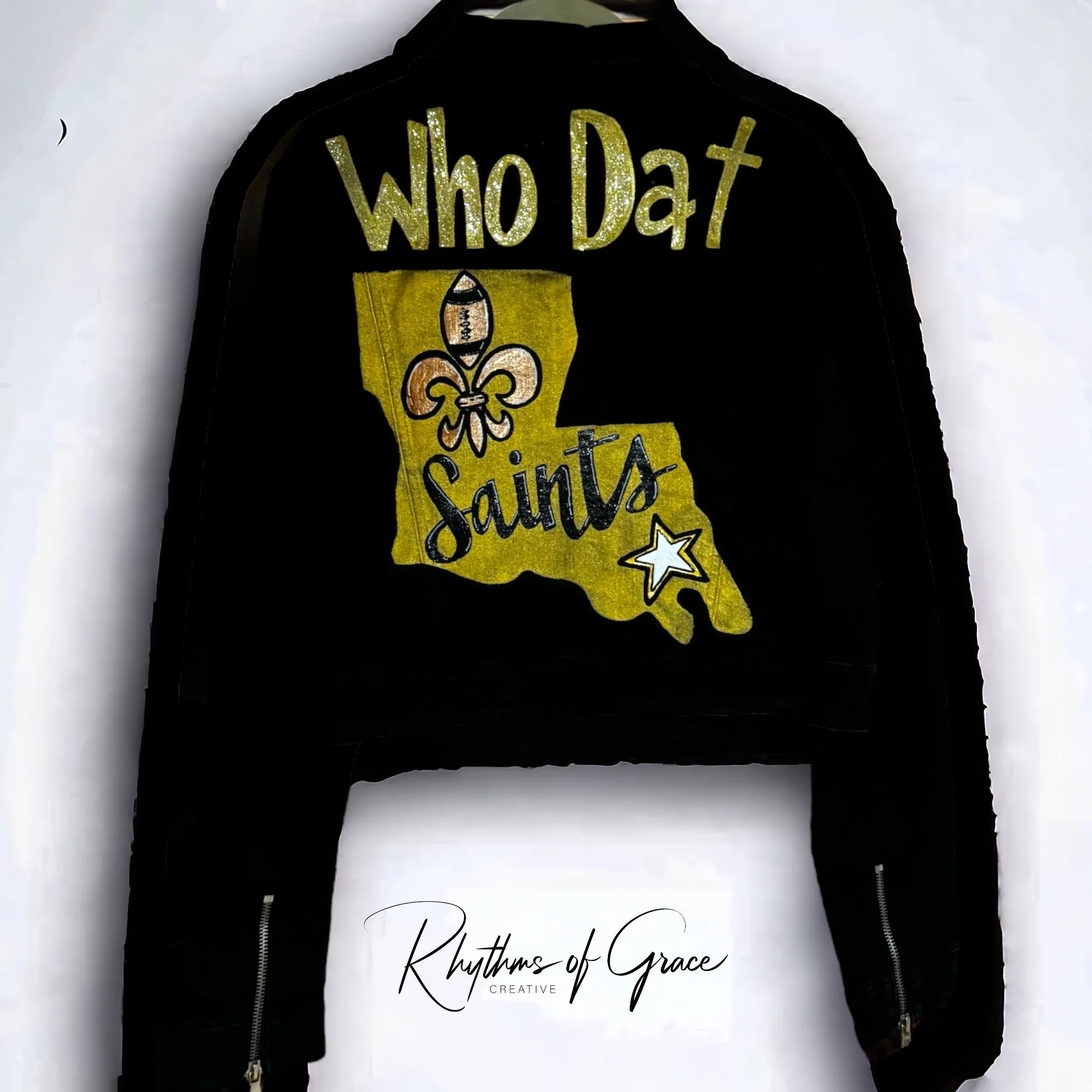 Hand Painted Jean Jacket: “Who Dat”, New Orleans Jacket, Hand Painted, NOLA Saints, Louisiana