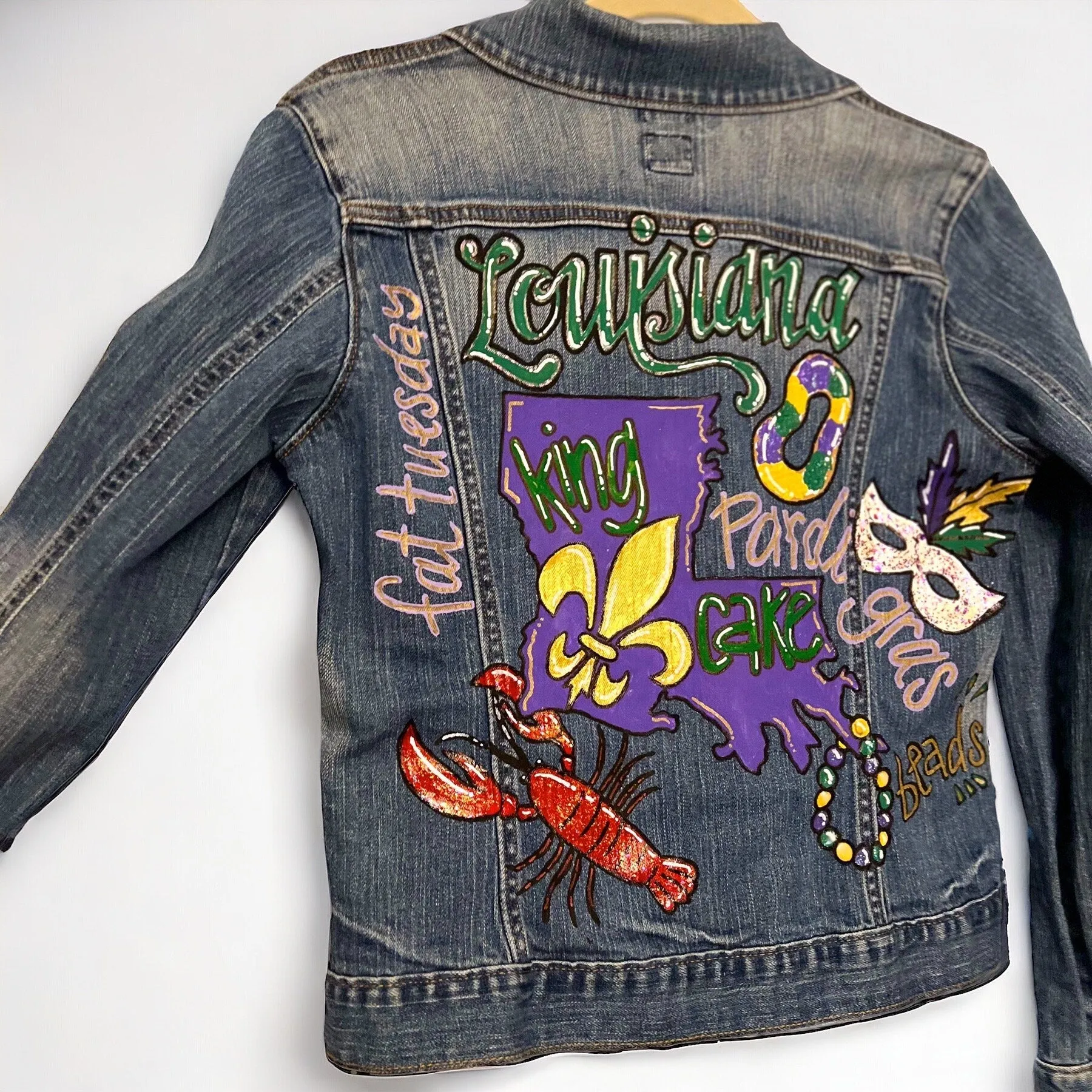 Hand Painted Mardi Gras Jean Jacket - Mardi Gras, Painted Jean Jacket, New Orleans, NOLA, Purple Green Gold, Mardi Gras, Parade Outfit