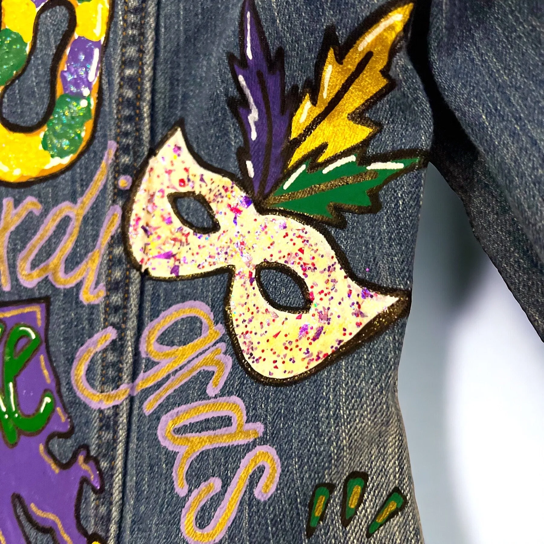 Hand Painted Mardi Gras Jean Jacket - Mardi Gras, Painted Jean Jacket, New Orleans, NOLA, Purple Green Gold, Mardi Gras, Parade Outfit