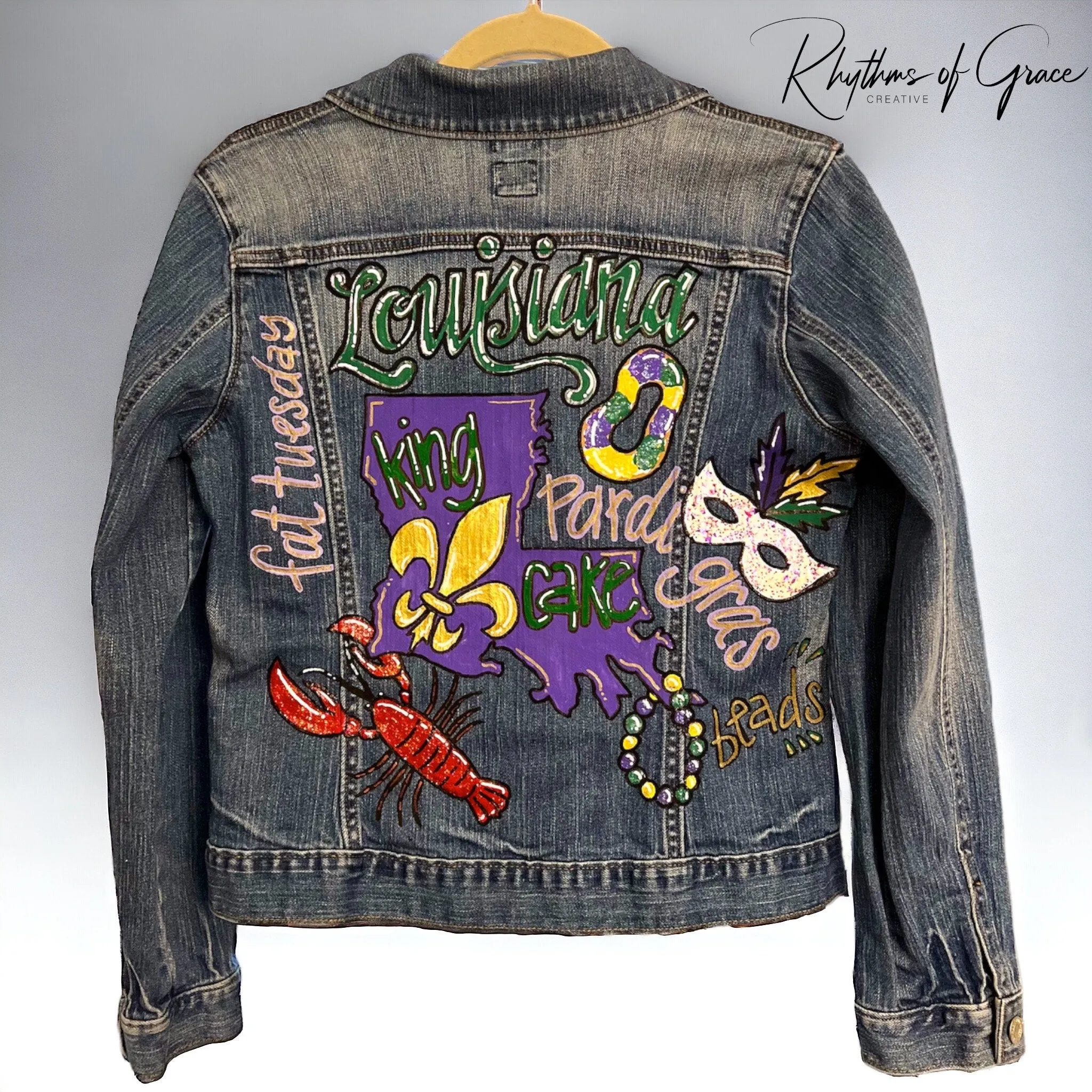 Hand Painted Mardi Gras Jean Jacket - Mardi Gras, Painted Jean Jacket, New Orleans, NOLA, Purple Green Gold, Mardi Gras, Parade Outfit