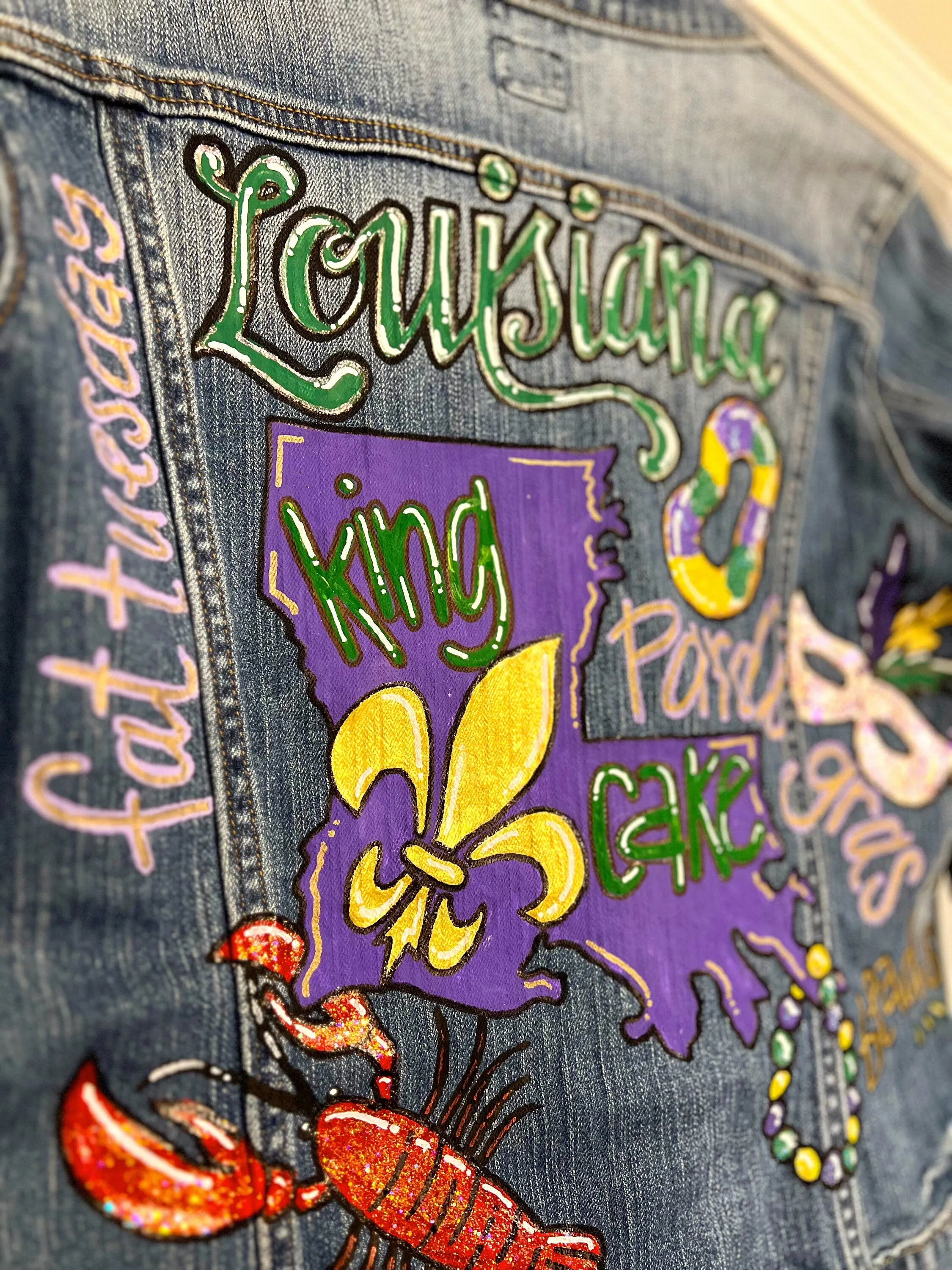 Hand Painted Mardi Gras Jean Jacket - Mardi Gras, Painted Jean Jacket, New Orleans, NOLA, Purple Green Gold, Mardi Gras, Parade Outfit