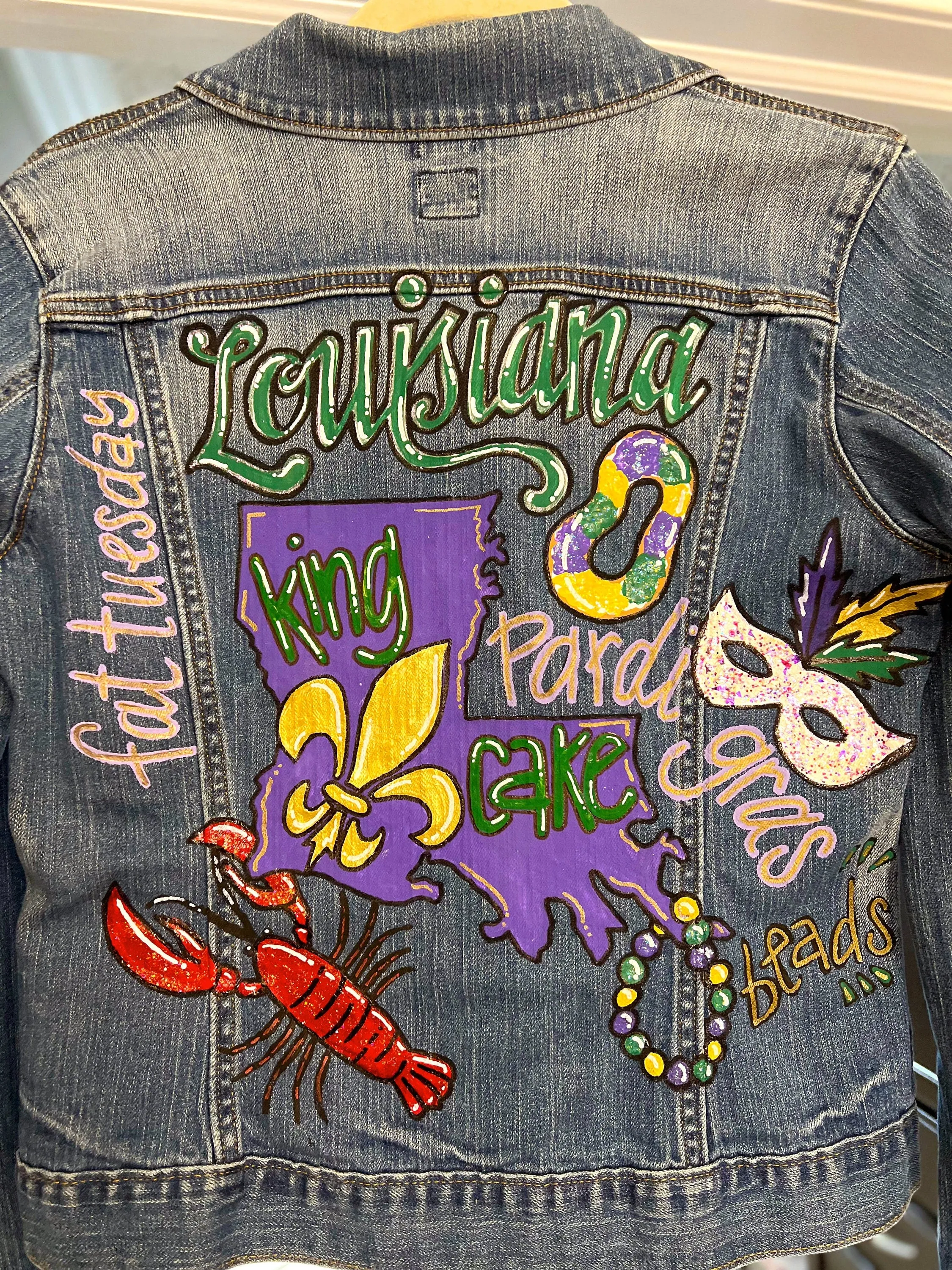 Hand Painted Mardi Gras Jean Jacket - Mardi Gras, Painted Jean Jacket, New Orleans, NOLA, Purple Green Gold, Mardi Gras, Parade Outfit