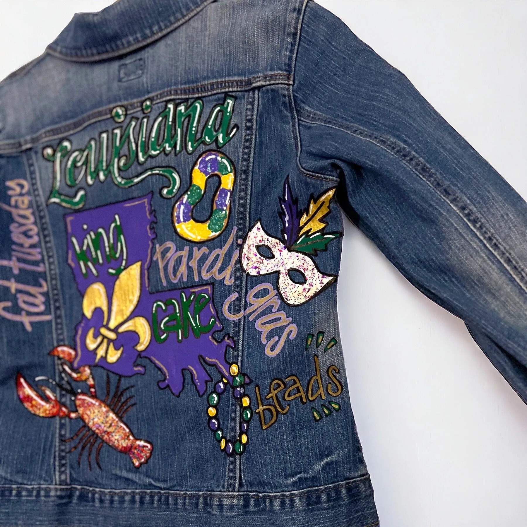 Hand Painted Mardi Gras Jean Jacket - Mardi Gras, Painted Jean Jacket, New Orleans, NOLA, Purple Green Gold, Mardi Gras, Parade Outfit