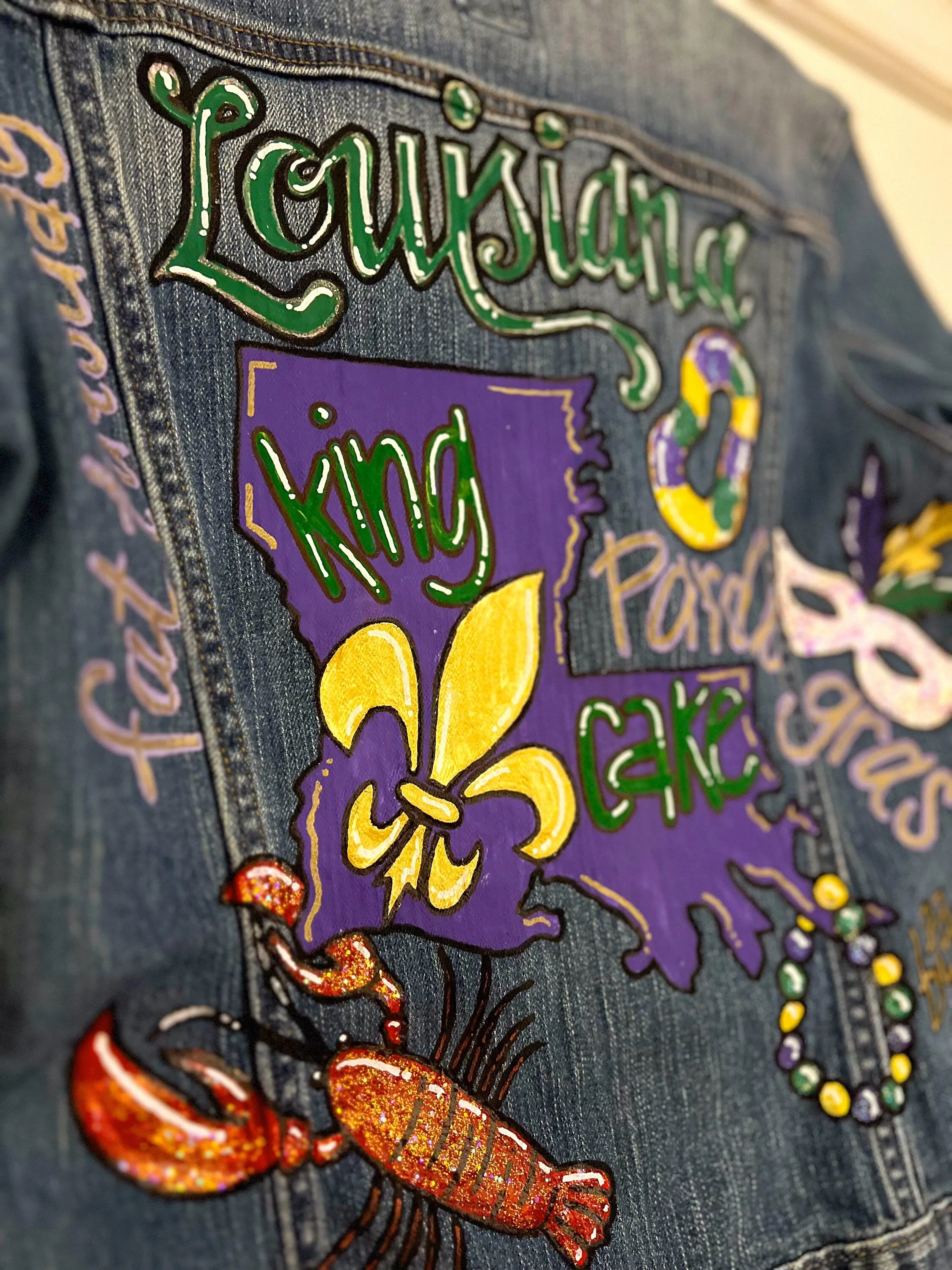 Hand Painted Mardi Gras Jean Jacket - Mardi Gras, Painted Jean Jacket, New Orleans, NOLA, Purple Green Gold, Mardi Gras, Parade Outfit