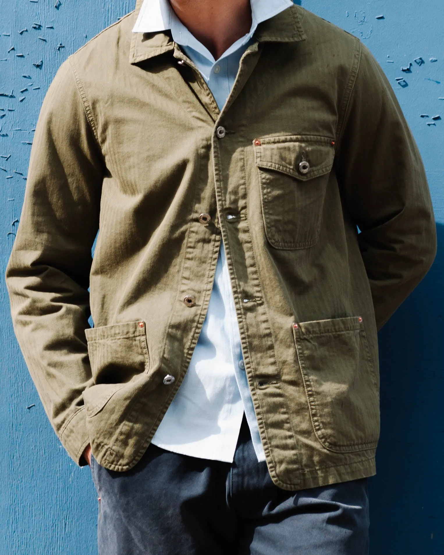 HEAVY WASH HERRINGBONE WORK JACKET - GREEN