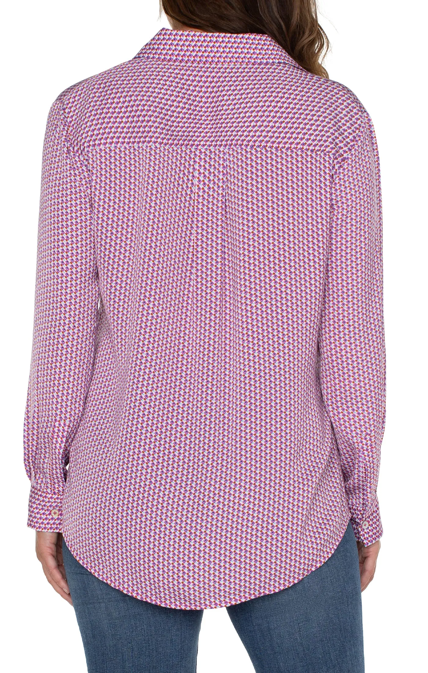 Fuchsia Geo Liverpool Blouse with Button Front and Flap Pocket