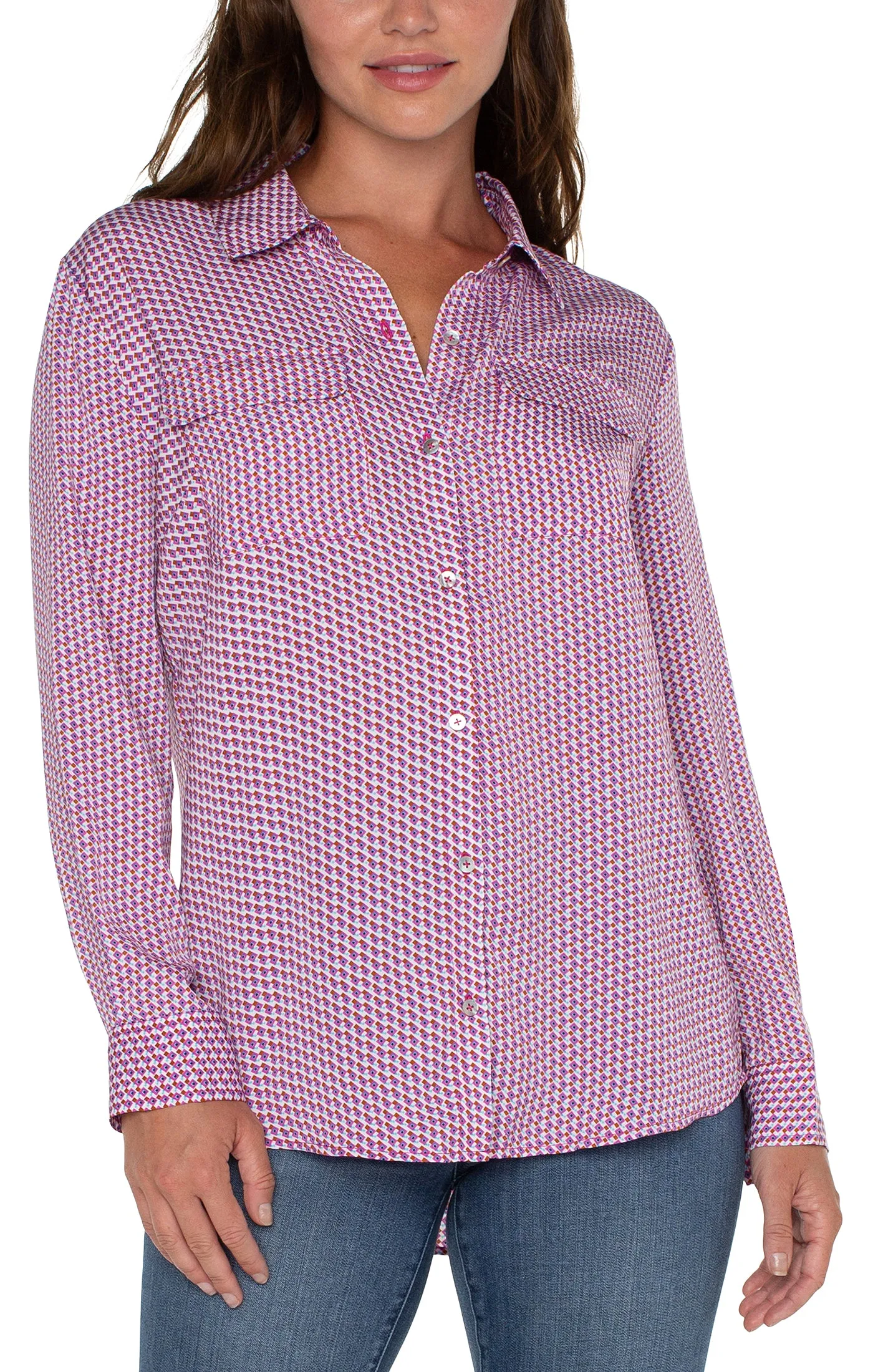 Fuchsia Geo Liverpool Blouse with Button Front and Flap Pocket