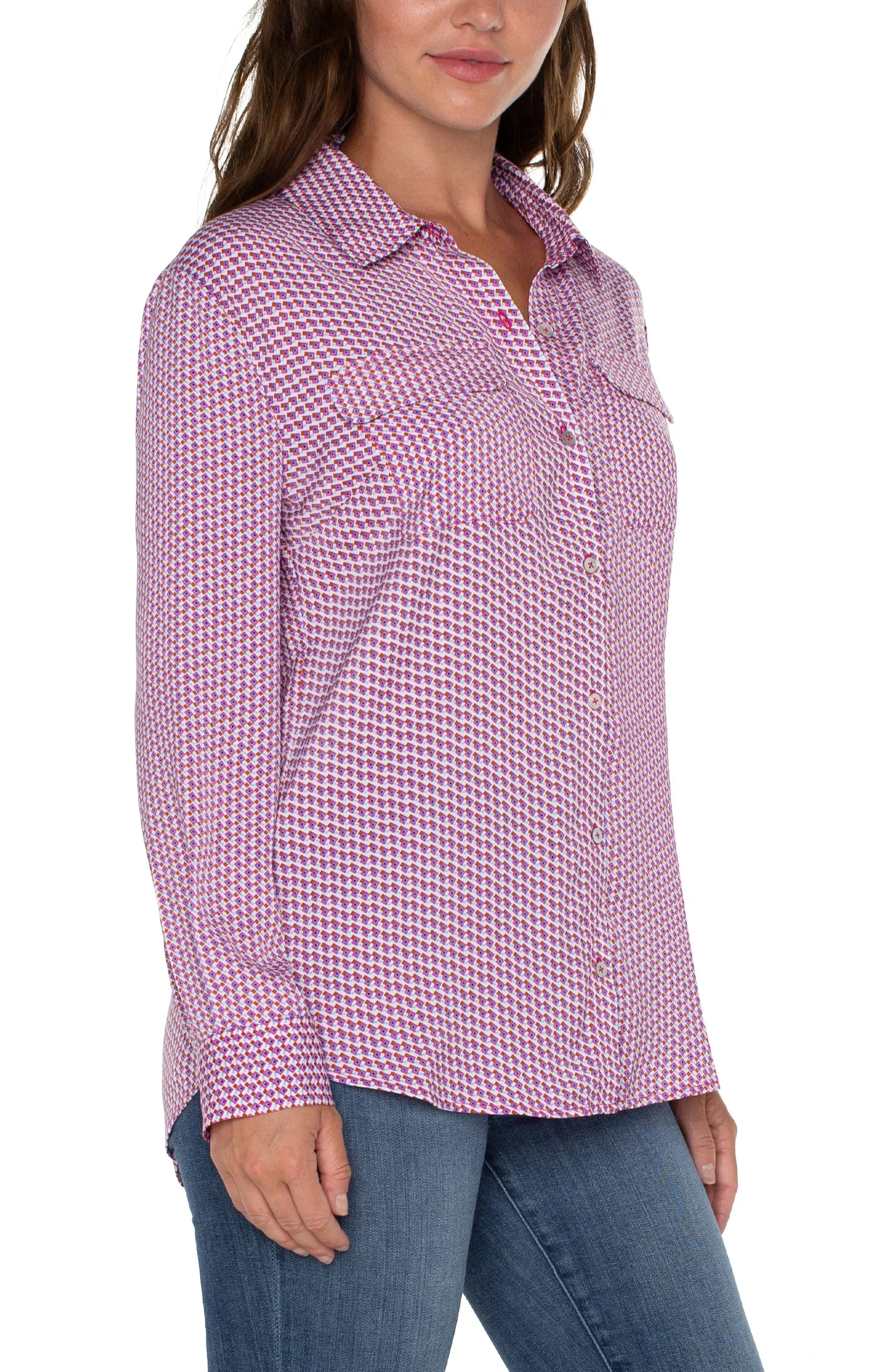 Fuchsia Geo Liverpool Blouse with Button Front and Flap Pocket