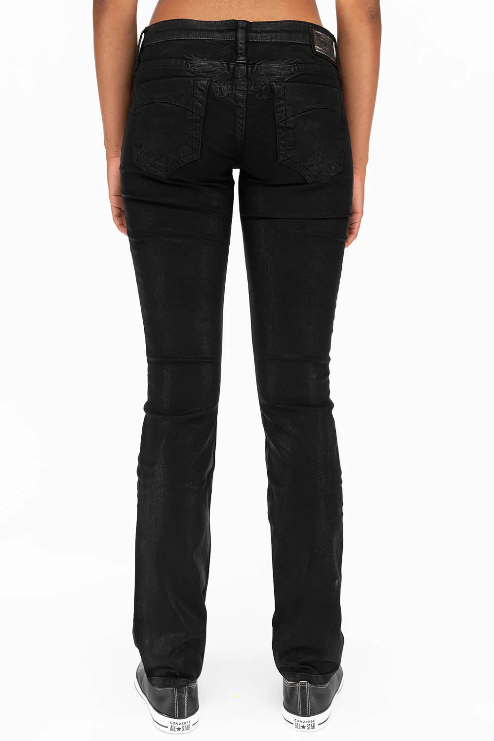 MARILYN LOW RISE WOMENS STRAIGHT LOW RISE JEANS IN BLACK COATING WITH TONAL WINGS