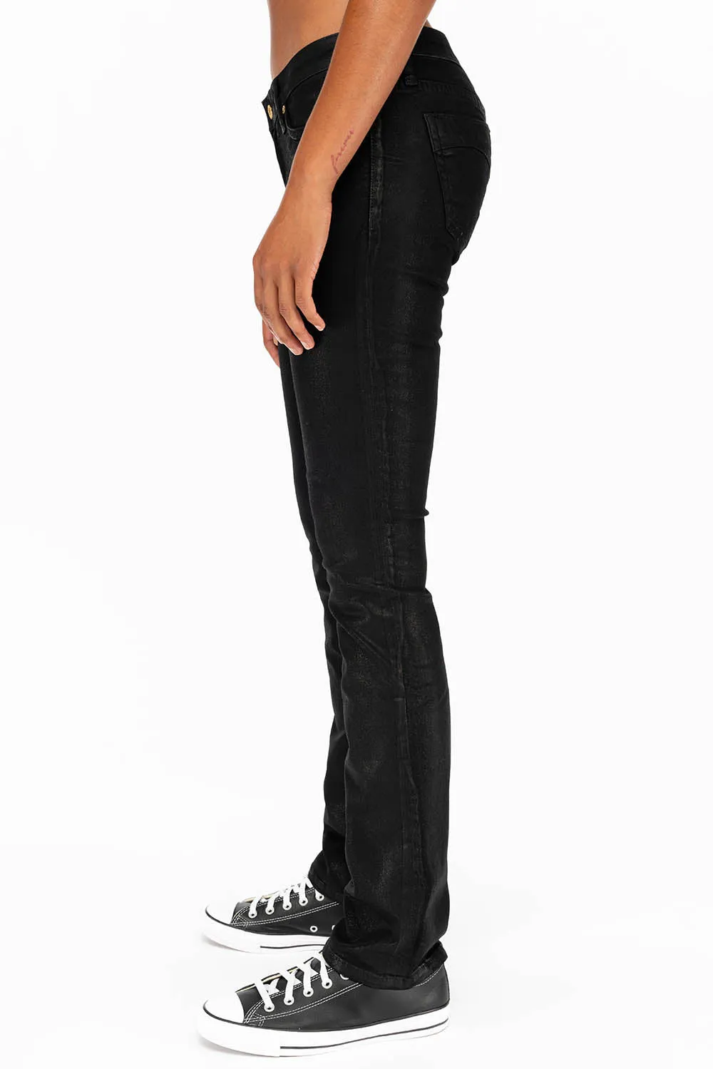 MARILYN LOW RISE WOMENS STRAIGHT LOW RISE JEANS IN BLACK COATING WITH TONAL WINGS