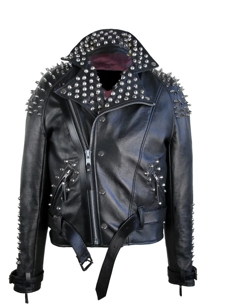 Men Classic Black Half Spiked Studded Zip Up Leather Jacket