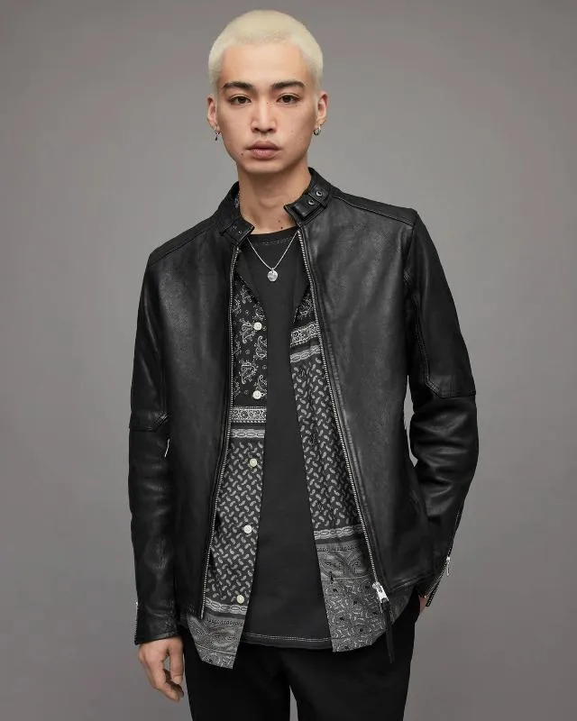 Men's Black Leather Harrington Jacket with Band Collar and Snap Button