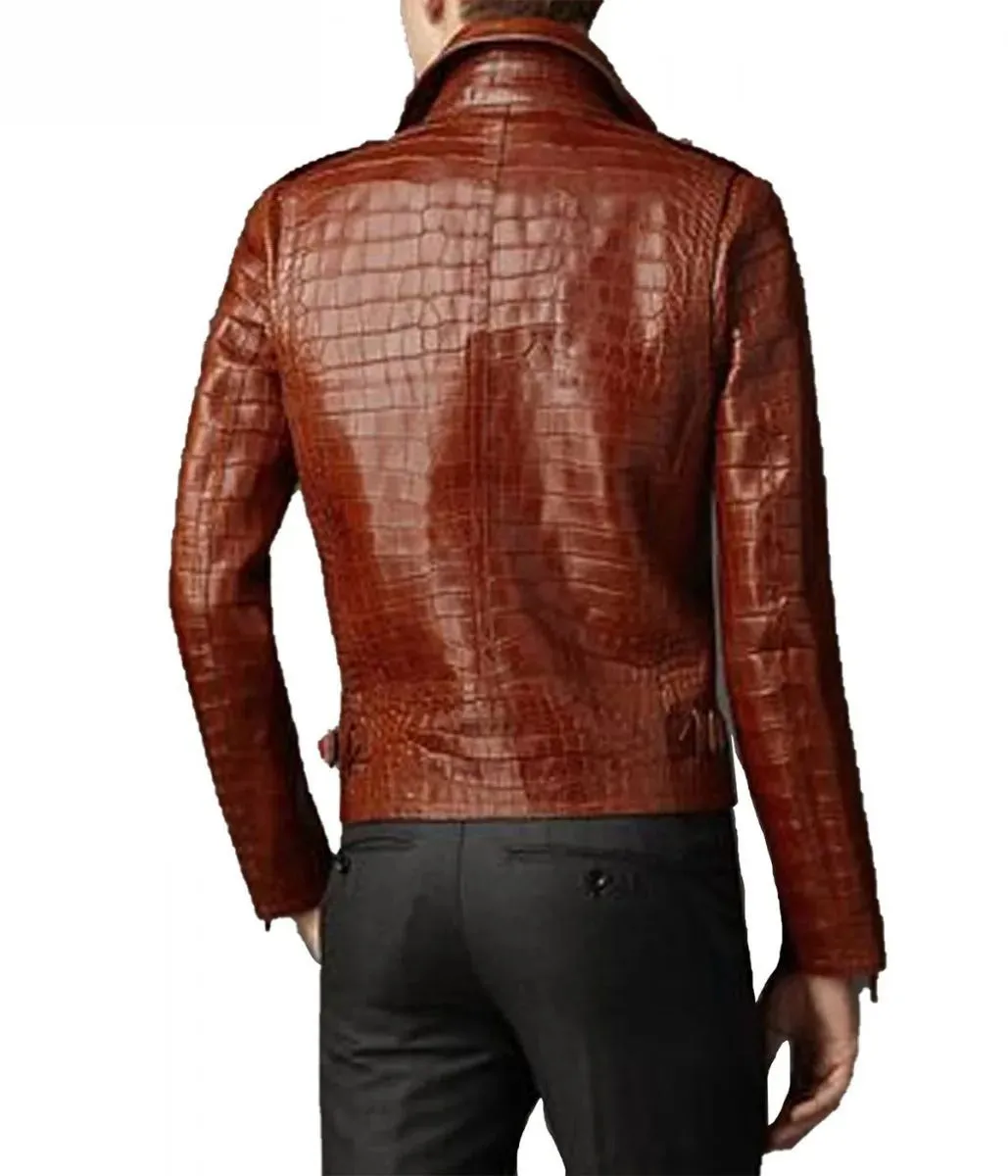 Men's Brown Croc Alligator Leather Biker Jacket