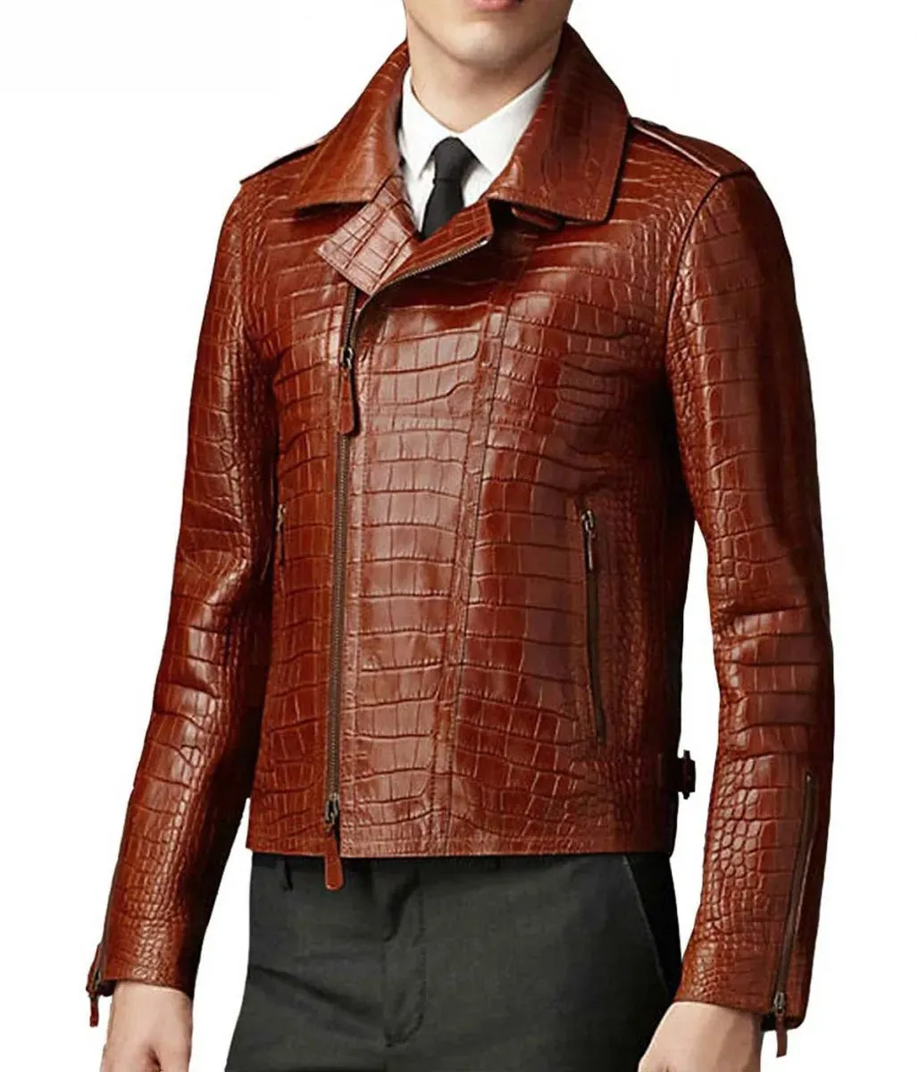 Men's Brown Croc Alligator Leather Biker Jacket