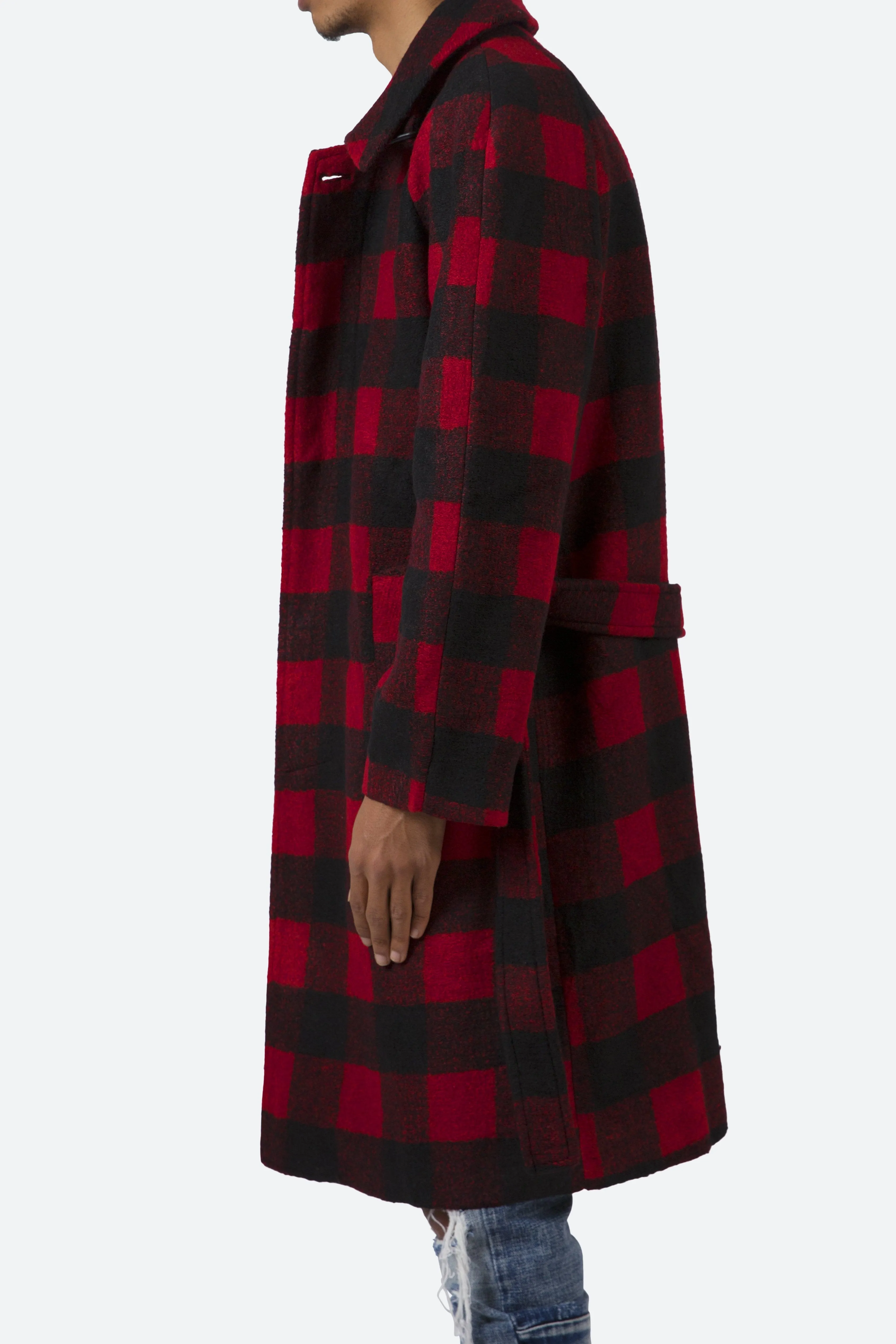 Plaid Military Trench Coat - Black/Red