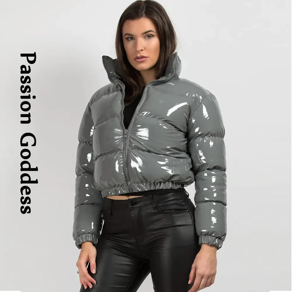 Shiny PU Leather Winter Jacket - Vegan leather - Imported