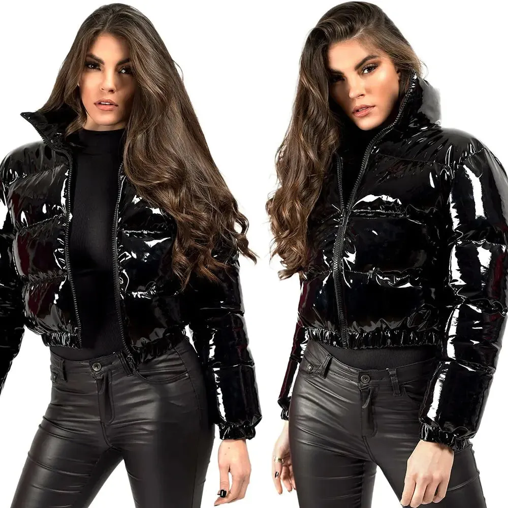 Shiny PU Leather Winter Jacket - Vegan leather - Imported