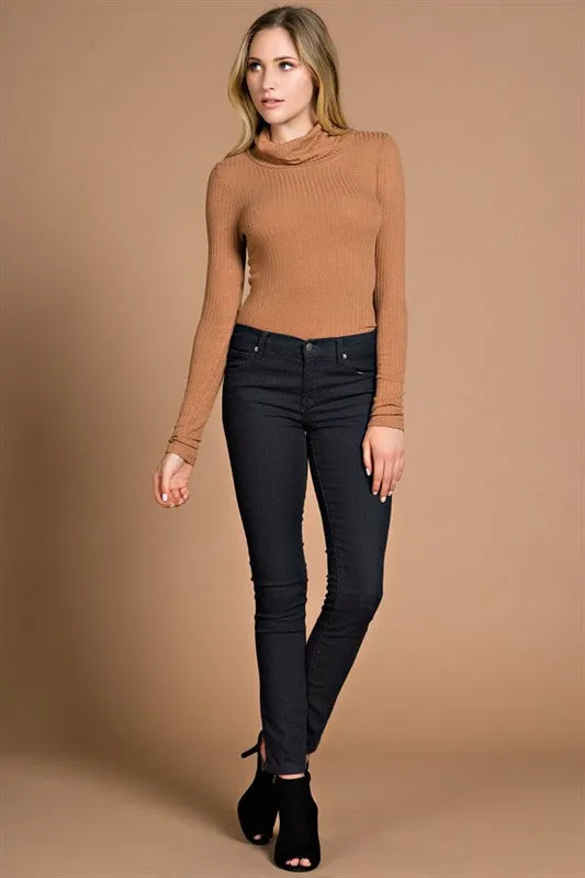 THE MYSTYLEMODE CAMEL LONG SLEEVE RIBBED COWL NECK BODYSUIT