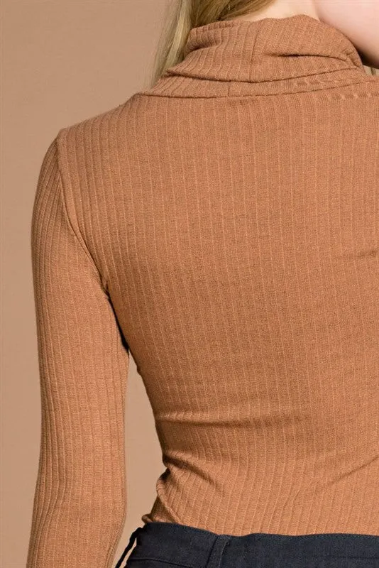 THE MYSTYLEMODE CAMEL LONG SLEEVE RIBBED COWL NECK BODYSUIT