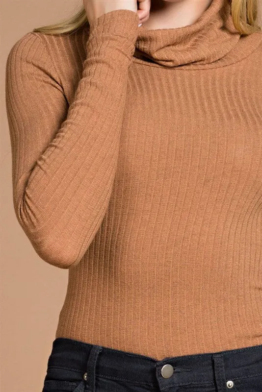 THE MYSTYLEMODE CAMEL LONG SLEEVE RIBBED COWL NECK BODYSUIT