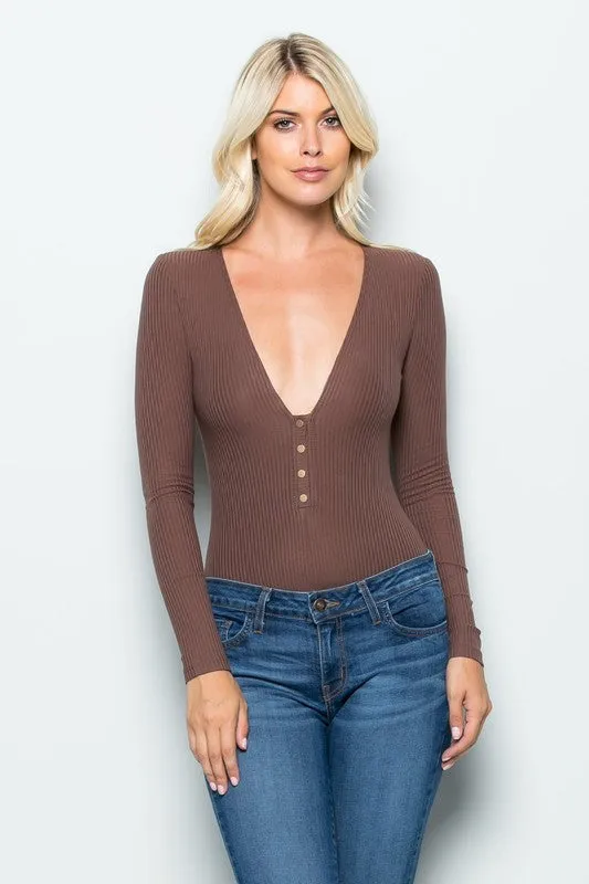 THE MYSTYLEMODE MOCHA RIBBED PLUNGING V NECK LONG SLEEVE BODYSUIT