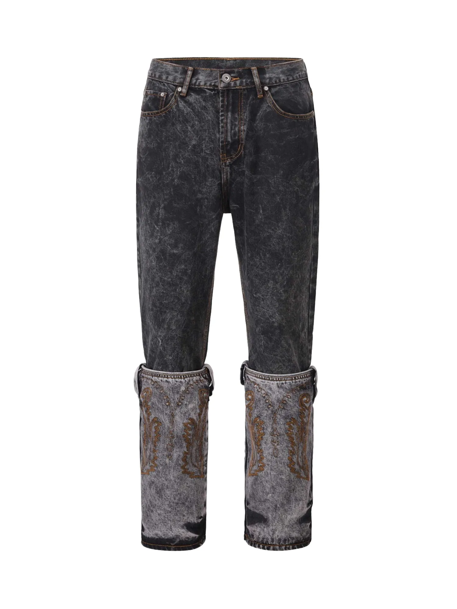 Thesupermade Acid wash Embroidery Stitching Two-tone Jeans - 1744